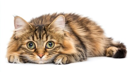Aufkleber - Fluffy cat lying on white background with big expressive eyes showcasing a serene and playful demeanor in a minimalist setting