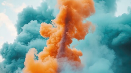 Fototapete - Vibrant orange and turquoise smoke billowing upwards creating an intense and dynamic atmospheric background for creative projects