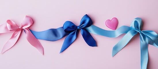 Poster - Heart-shaped ribbon bows in pastel colors on a soft pink background for festive and romantic decor concepts
