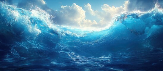 Poster - Ocean waves crashing with vibrant sunlight illuminating the water surface and creating mesmerizing patterns in the blue depths below