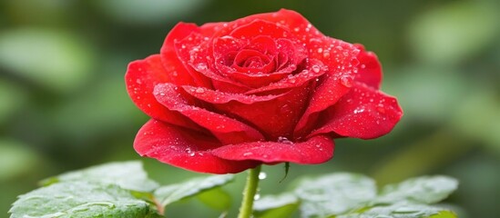 Poster - Close-up of a vibrant red rose adorned with glistening water droplets against a lush green background, showcasing nature's beauty.