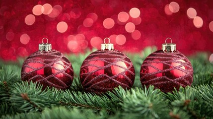 Aufkleber - Red Christmas ornaments on green pine branches with a shimmering red bokeh background creating a festive holiday atmosphere.