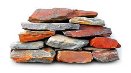 Poster - Decorative stacked stone wall featuring natural grey and orange rocks for exterior cladding and landscape design applications.