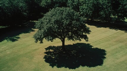Poster - Lone tree casting a shadow on a vibrant green field under a clear blue sky showcasing nature's tranquility and beauty