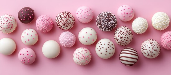 Poster - Colorful decorative cake pops arranged on pink background perfect for Valentine's Day celebrations and sweet treats.