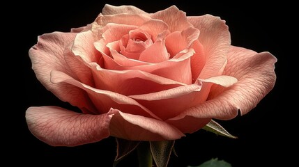 Poster - Elegant pink rose bloom against a dark background showcasing delicate petals and rich texture perfect for floral themes and romantic designs.