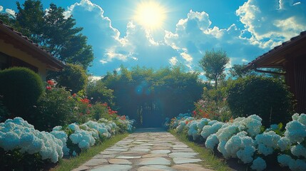 Leinwandbilder - Scenic pathway through blooming gardens leading to a bright blue sky and sunlit cloud formation from a house gate perspective