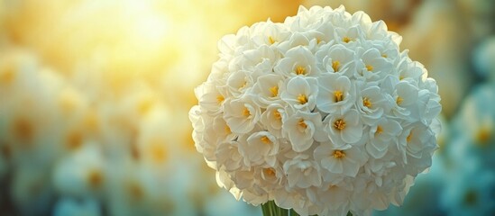 Poster - Close-up of a charming bouquet of white narcissus flowers with a soft golden background creating an elegant and serene atmosphere