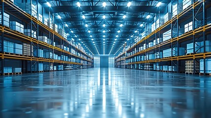 Aufkleber - A brightly lit warehouse interior featuring modern, glowing hermetic light fixtures mounted on the ceiling.