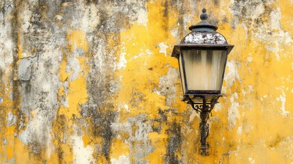 Aufkleber - Vintage lantern attached to a weathered yellow wall with peeling paint, creating a rustic and nostalgic ambiance.