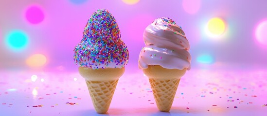 Aufkleber - Colorful ice cream cones with sprinkles on a vibrant background creating a playful and festive atmosphere for summer treats.
