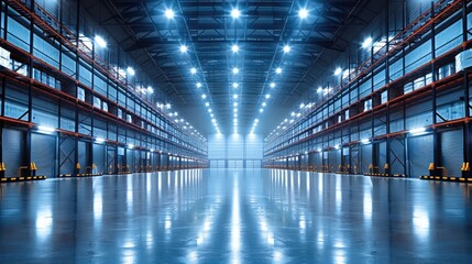 Aufkleber - A brightly lit warehouse interior featuring modern, glowing hermetic light fixtures mounted on the ceiling.
