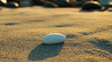 Aufkleber - Smooth white pebble resting serenely on golden sand with soft shadows creating a tranquil beach scene at sunset.