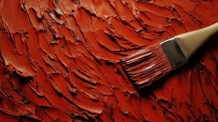 Aufkleber - textured red paint surface with a paint brush creating strokes and patterns in a vibrant artistic composition