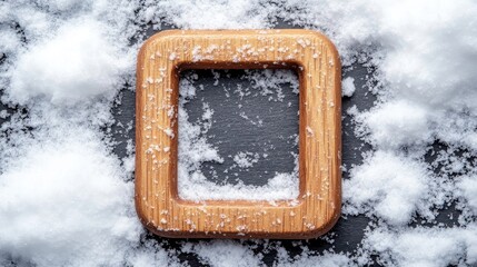 Poster - Wooden frame on a snowy black surface with a blank center for customizable content or artistic displays in winter themes.