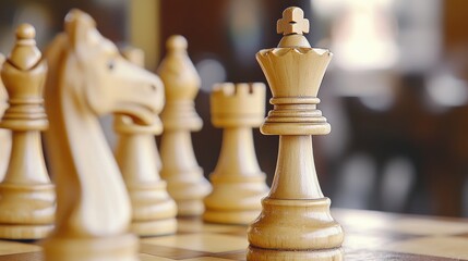 Poster - wooden chess pieces on a classic chessboard with focus on the king piece showcasing strategic game elements and rich textures