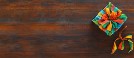 Colorful gift box with vibrant bow on rustic wooden table overhead view with blank space for customization and design concepts