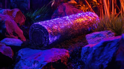 Poster - Purple textured cylindrical object surrounded by rocks and foliage illuminated by colorful lights in a surreal environment.