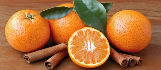 Poster - Composition of fresh tangerines and aromatic cinnamon sticks on a rustic wooden surface for a cozy holiday atmosphere