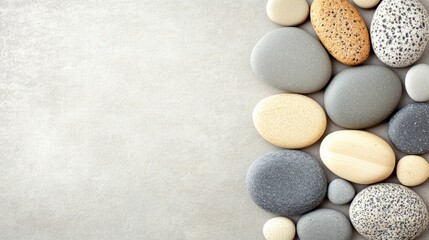 Aufkleber - variety of smooth decorative stones arranged on a light colored background creating a calming and natural aesthetic for design projects