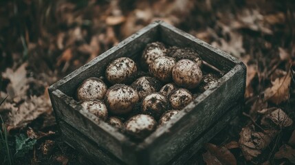 Poster - Wooden crate filled with freshly harvested potatoes nestled among autumn leaves showcasing organic agriculture and natural produce.