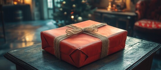 Aufkleber - Gift package wrapped in red paper sits on a wooden table with a cozy festive background featuring a decorated Christmas tree.