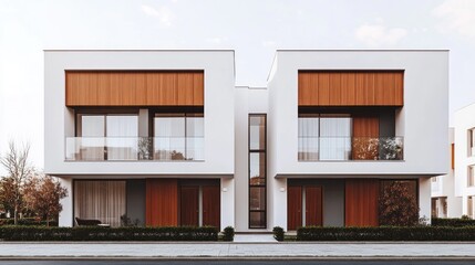 Poster - Minimalist architectural design featuring a modern residential building with wooden accents and large windows in an urban setting.