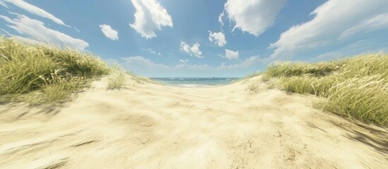 Poster - Expansive sand dunes with lush grass under a vibrant blue sky overlooking a serene ocean landscape.
