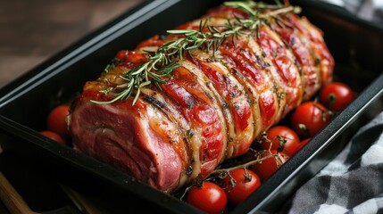 Poster - succulent roasted pork dish garnished with fresh herbs and cherry tomatoes served on a black baking tray