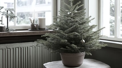 Poster - Minimalist Scandinavian Christmas tree elegantly decorated in a cozy home interior with soft natural light and a serene atmosphere.