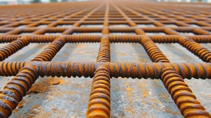 Poster - Rusty steel grid on cement surface creating a textured abstract background with warm tones and industrial appeal
