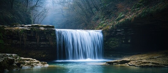 Aufkleber - serene waterfall cascading into tranquil pool surrounded by lush greenery in foggy forest landscape