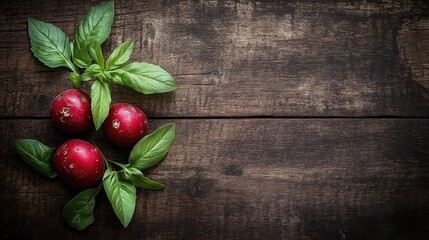 Poster - Fresh red potatoes with vibrant basil leaves on a rustic wooden table background perfect for food photography or organic cuisine concepts.
