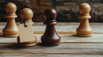 Poster - Chess pieces with a tag arranged on a rustic wooden background showcasing strategy and planning concepts in a vintage setting.