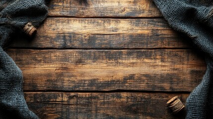 Aufkleber - Rustic wooden table background with space for text surrounded by fabric and corks creating a warm, natural atmosphere.