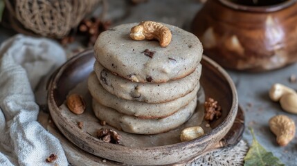 Aufkleber - Cashew cookies stacked on a rustic plate surrounded by dry nuts showcasing healthy sweet treats for wholesome snacking options