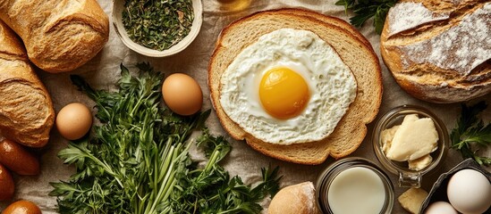 Aufkleber - Delicious round sandwiches featuring fried eggs and tuna surrounded by fresh herbs and breakfast ingredients on a rustic table setting