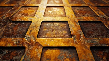 Poster - Rusty metal grating pattern with textured squares showcasing aged and weathered industrial flooring details in a close-up view