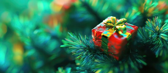 Poster - Decorating a Christmas tree with a tiny red present ornament amidst lush green branches in a festive holiday setting