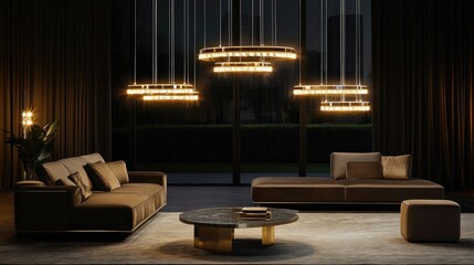Poster - Elegant modern living room with stylish metal pendant chandeliers highlighting contemporary furniture in a sophisticated setting.