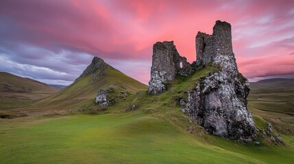 Poster - Majestic sunset over ancient castle ruins on mountain slope with lush green valley and dramatic clouds in the sky.