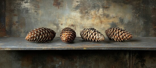 Poster - Freshly fallen pine cones arranged neatly on a rustic wooden shelf showcasing their natural textures and rustic charm in a tranquil setting.