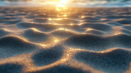 Poster - Golden sand dunes sparkling under the warm glow of sunset creating a tranquil beach atmosphere with gentle waves in the background.