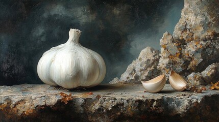 Aufkleber - Still life of aromatic garlic bulb with peeled cloves on textured stone surface in a moody dark setting