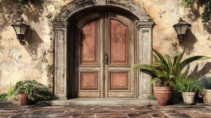 Poster - Rustic wooden door with intricate design framed by lush greenery and vintage lanterns on textured wall backdrop