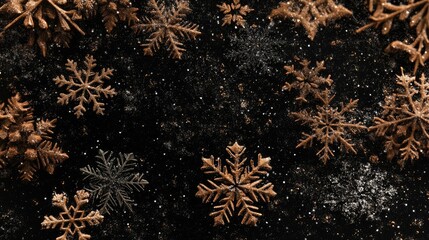 Poster - Gingerbread snowflakes on a black background ideal for New Year celebrations featuring space for text and seasonal decor themes.