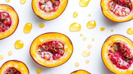 Poster - Sliced passion fruit halves with vibrant pulp and juice droplets on a white background showcasing fresh tropical flavors and textures