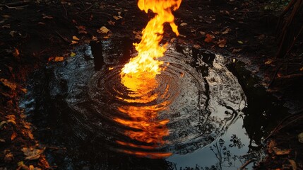 Poster - Flame and Water Reflection Creating Abstract Ripples in a Dark Natural Setting