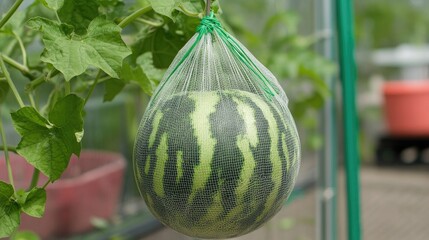 Poster - Close up of ripe watermelon suspended in nylon netting within a greenhouse environment showcasing innovative agricultural practices.