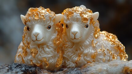 Poster - handcrafted decorative alpaca figurines adorned with gold leaf accents on a rustic background